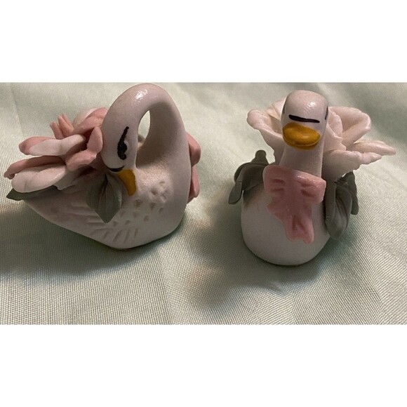 Other - Vintage Miniature Porcelain White Swans With Flowers Figurine Set of (2) Mini